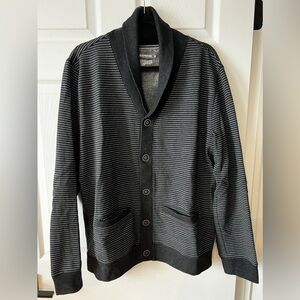 Express Mens Large Striped Gray Shawl Collar Button Up Cardigan